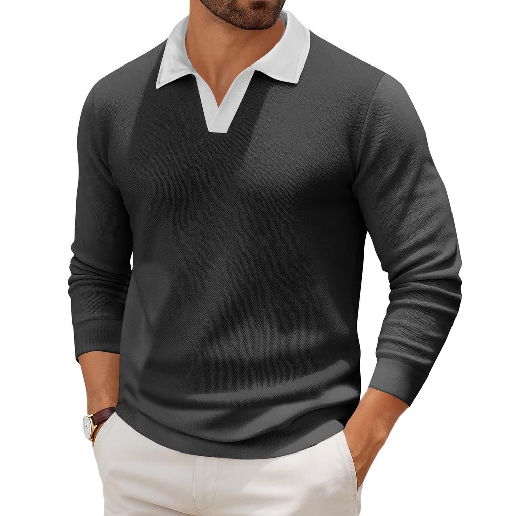 Мужской повседневный трикотажный базовый топ с длинным рукавом и воротником в стиле колор-блок