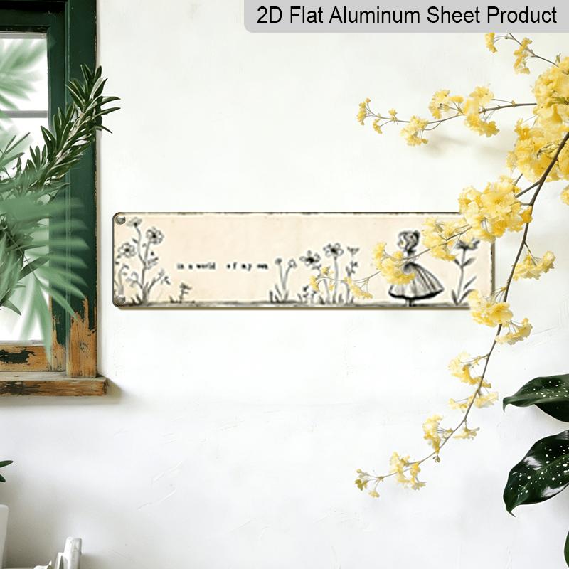 15.7×3.94inch Vintage Metal Wall Art Sign Titled "In a World of My Own" - aluminum Sign/ decorative sign Floral And Whimsical Designs, Suitable for