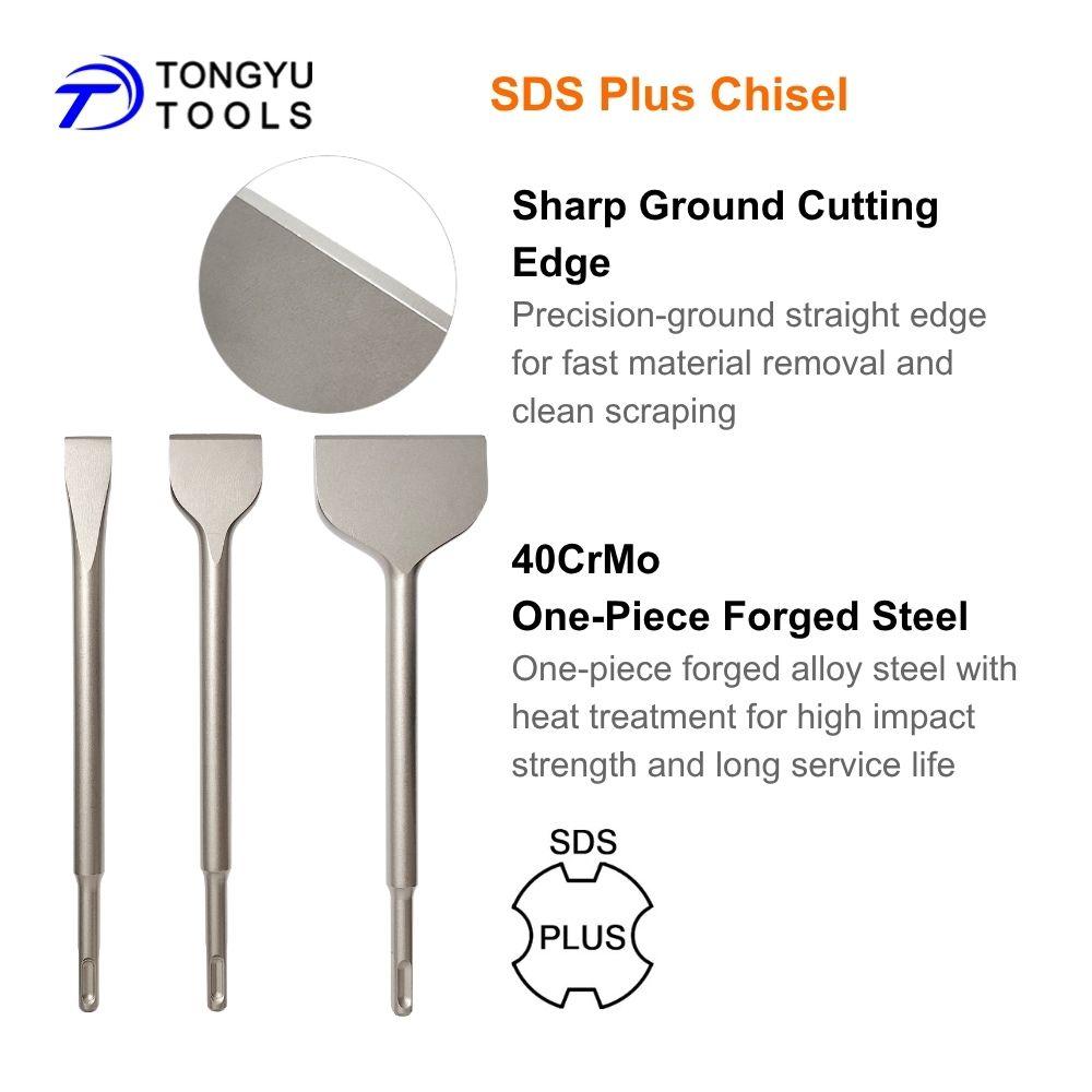 SDS Plus Chisel Set 4 Pcs - 40CrMo Alloy Steel Point, Flat & Wide Blades for Tile Mortar Cement Brick Concrete Masonry Removal