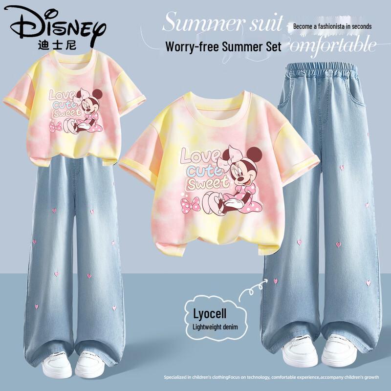 Disney Girls' Summer Cotton Short Sleeve & Denim Set