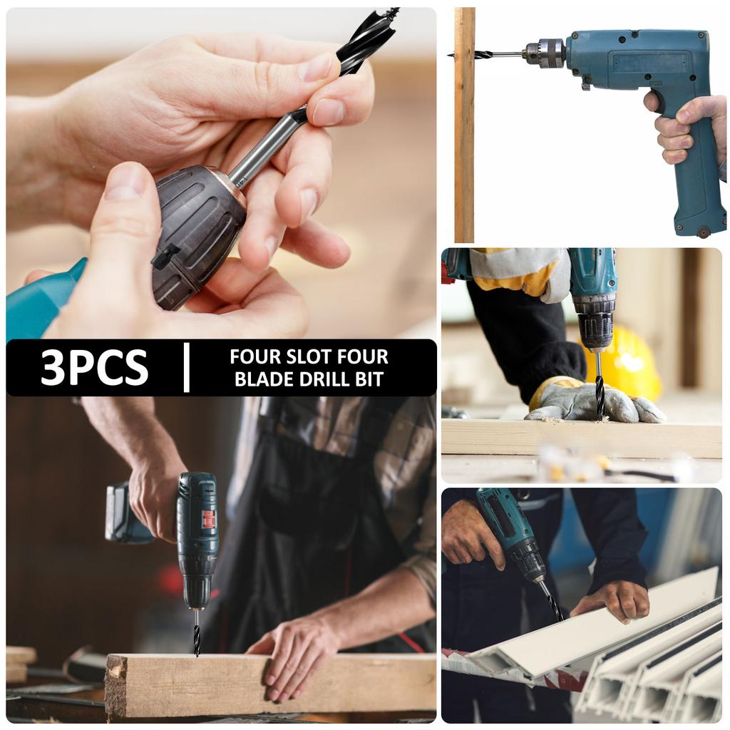3Pcs Wood Auger Drill Bit Set High-Carbon Steel 4 Flute Cut Drilling Bit Kit 10-14mm Self-Tapping Hex Shank Wood Hole Drill Bit
