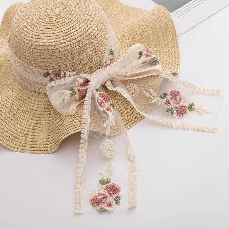 Straw Wide Brim Sun Hat Bowknot Breathable Lace Up Beach Hats Sun Protection Elasticity Hat for Women