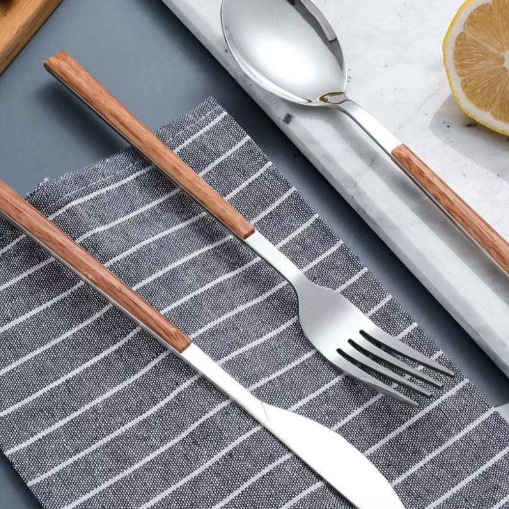 Creative Stainless Steel Spoon Fork Knife Portable Thickened Cutlery Set Wood Grain Western Tableware Dessert Spoon