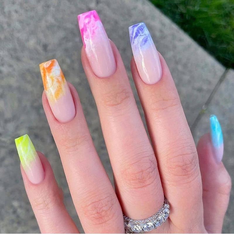 24pcs Reusable Adhesive Fake Nails French Long Ballet Pink Rose Contrast Line Press On Nails