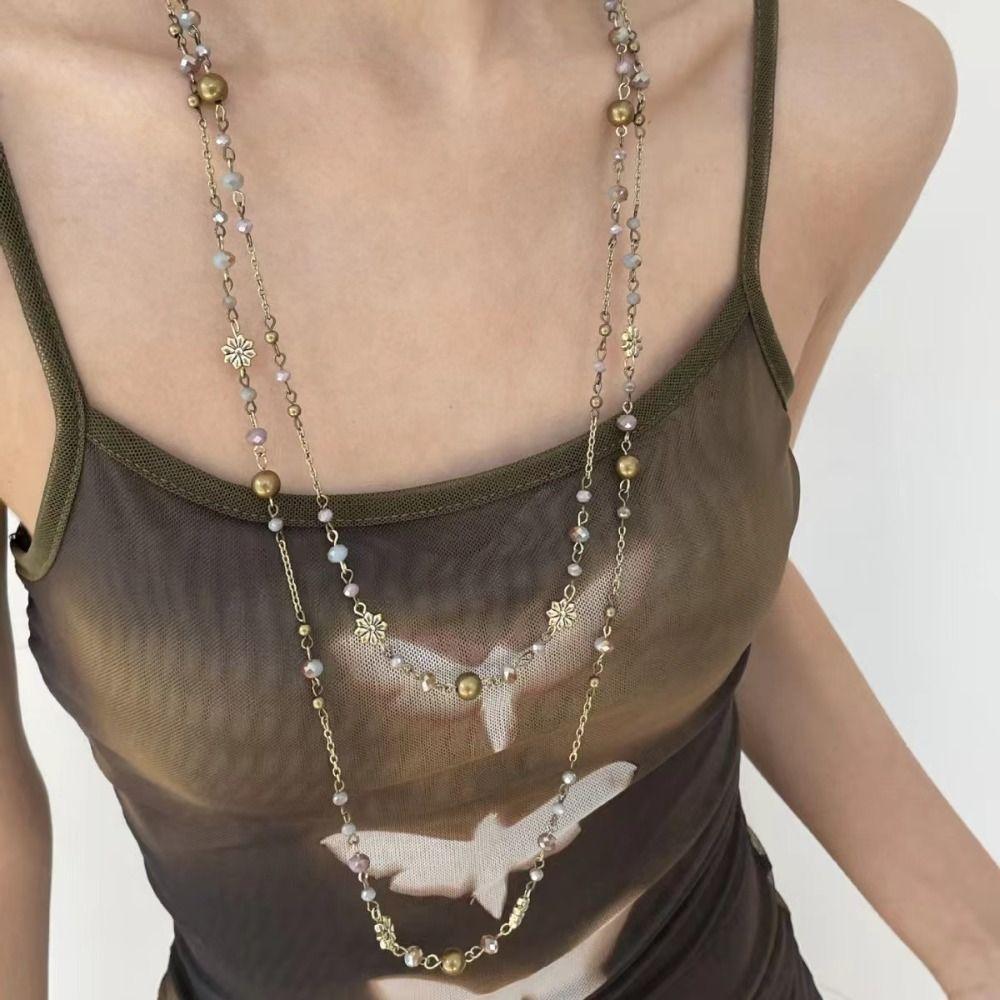 Double-layer Sweater Chain Beaded Geometric Necklace Fashion Flower Necklace