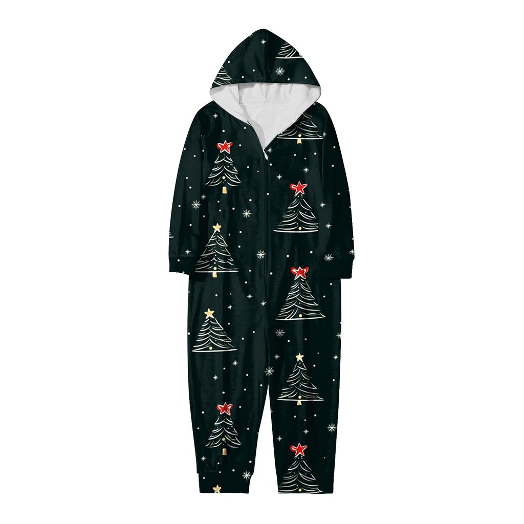 Christmas Print Family Matching Hooded Long Sleeved Zippered Jumpsuit Set