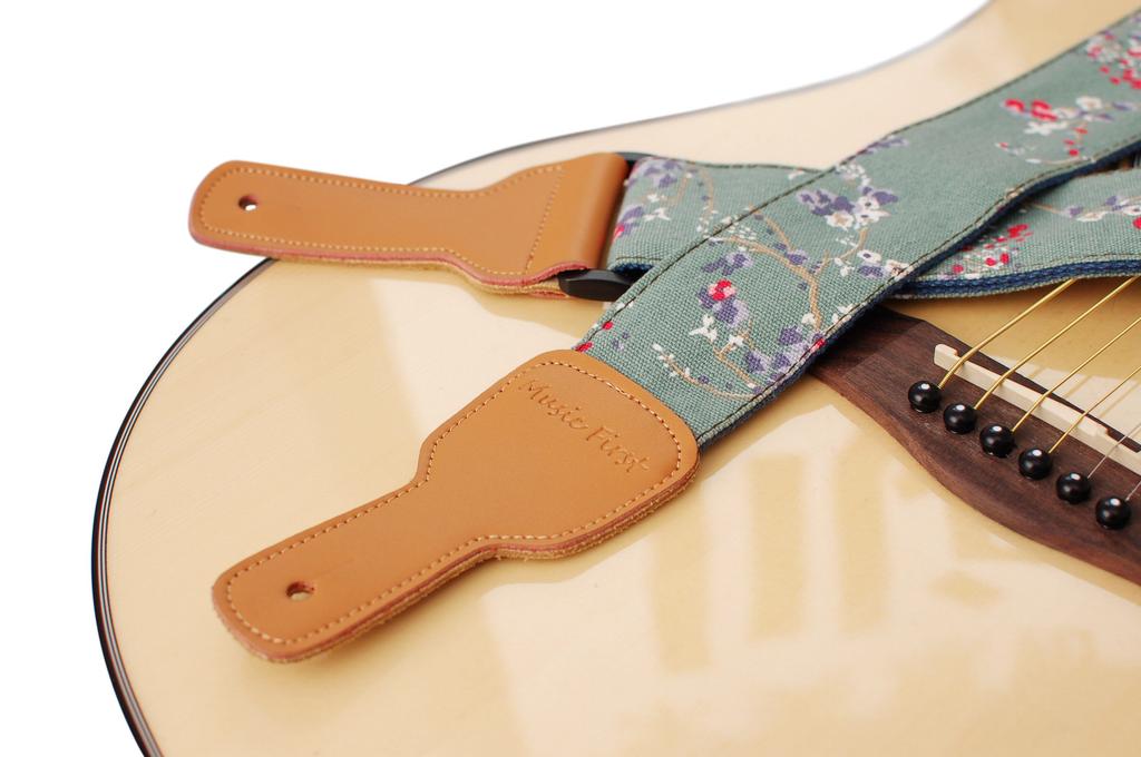 MUSIC FIRST Original Design Vintage Style Soft Cotton and Leather Guitar Banjo Strap "Plum Blossom" Strap,