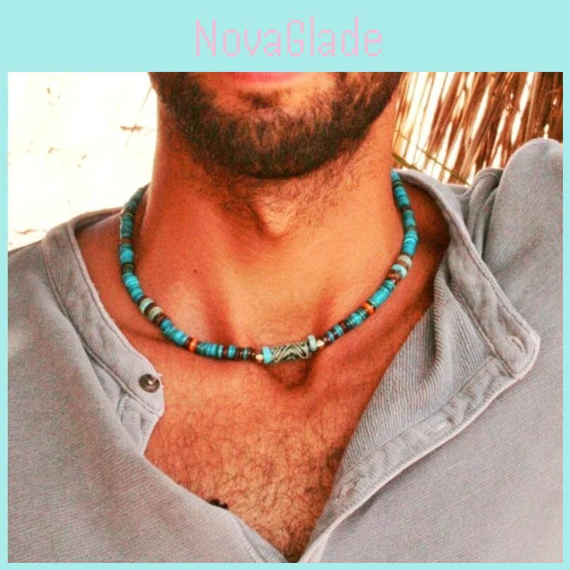 Retro Geometric Pattern Turquoise Necklace With Multilayer Metal Beads For Unisex Fashion