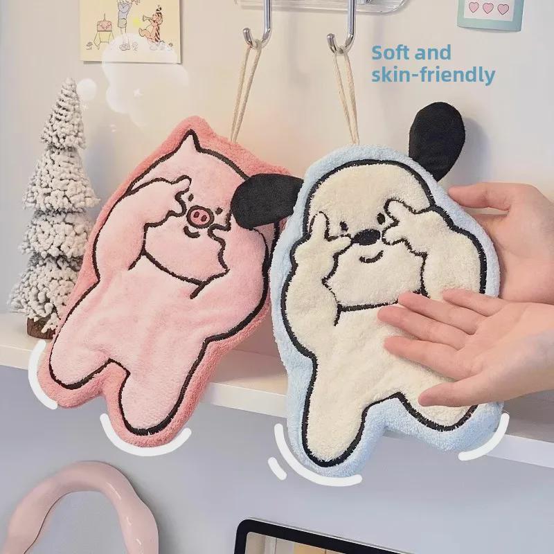 Милое мультяшное полотенце для рук из кораллового флиса - Вышитое, Супервпитывающее, Идеально для кухни, ванной комнаты или детей.