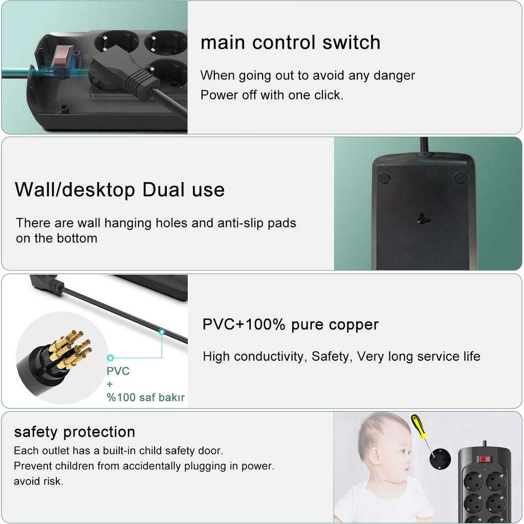 Умная розетка, кабель 2 м, 8 розеток, 4 USB-порта для быстрой зарядки — черная розетка