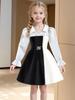 Girls' Black & White Color Block Long-Sleeve School Dress with Shirt Collar - Preppy Style for Spring & Autumn