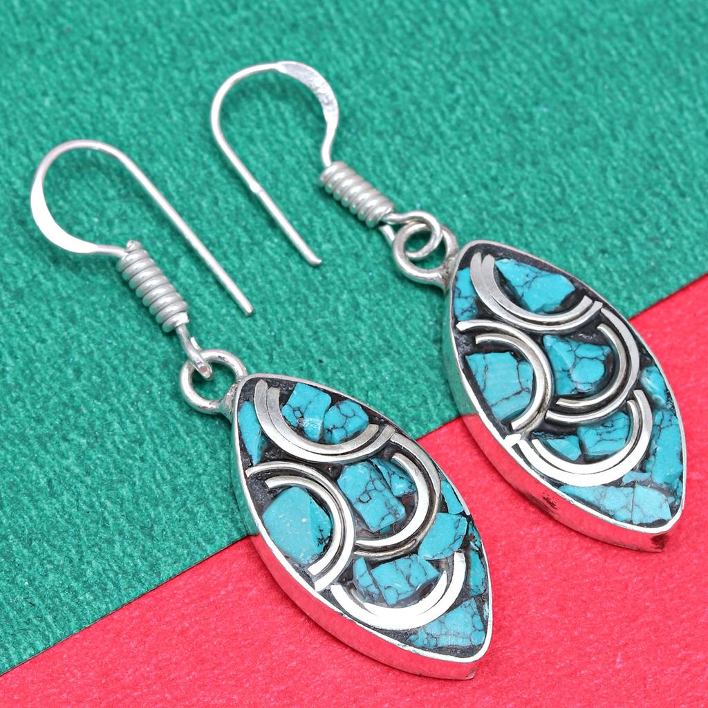 Nepali Tibetan Turquise Lapis Lazuli Gemstone Silver Jewelry Earring 1.5''