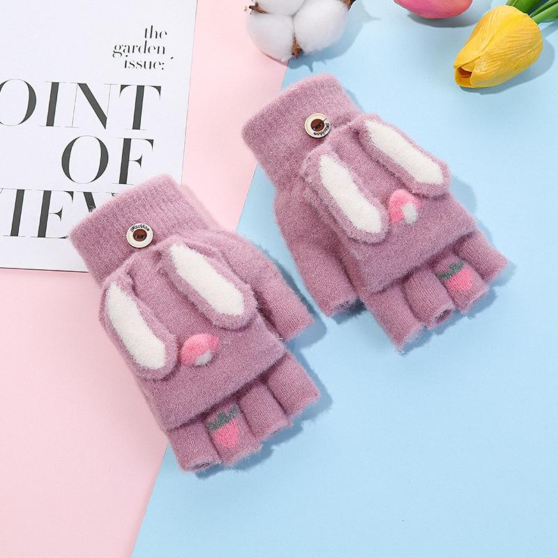 Winter Children's Knitted Finger Gloves for Boys and Girls, Warm and Piled Thickened Cartoon Half-finger Flip-top Writing Gloves