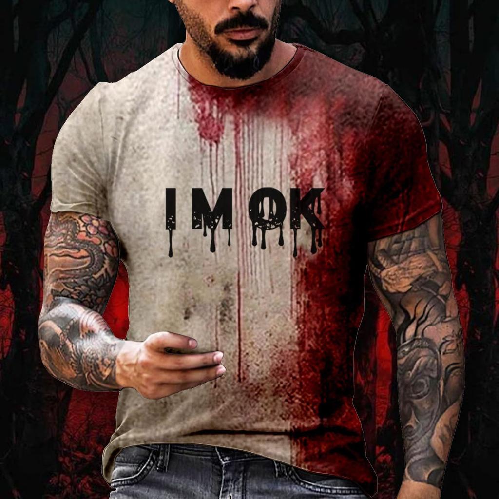 Halloween T Shirt Men's Casual Round Neck Blood Splatter Pattern Tops Horror Bloody Printed Short Sleeve Tops