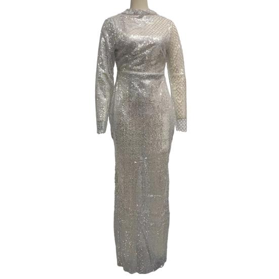 Женское сексуальное платье с пайетками, блестящее, с высоким воротником, длиной до пола, выпускное платье, облегающее, с длинным рукавом, с вырезами, вечернее платье