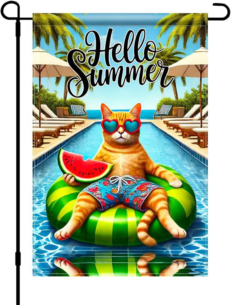 Hello Summer Cat Garden ag 12x18 Double Sided Vertical Outdoor Pool Decor Tropical Poolside Yard Garden Lawn Patio Porch W GGO