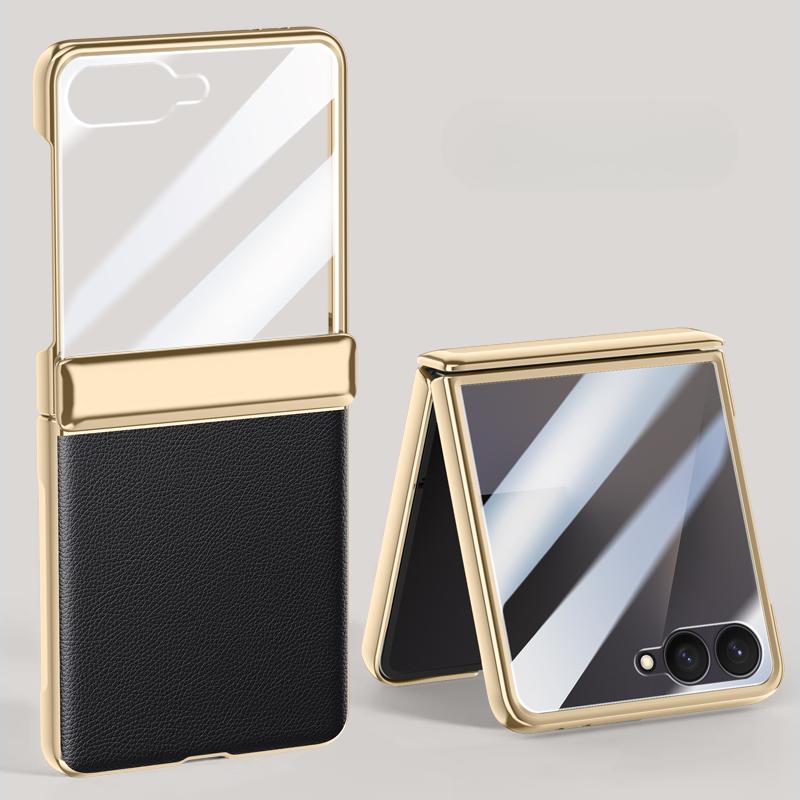 Luxury Leather Plating Case For Samsung Galaxy Z Flip 7 6 5 flip6 Screen Protector Hinge Shockproof Back Cover for Samsung flip7