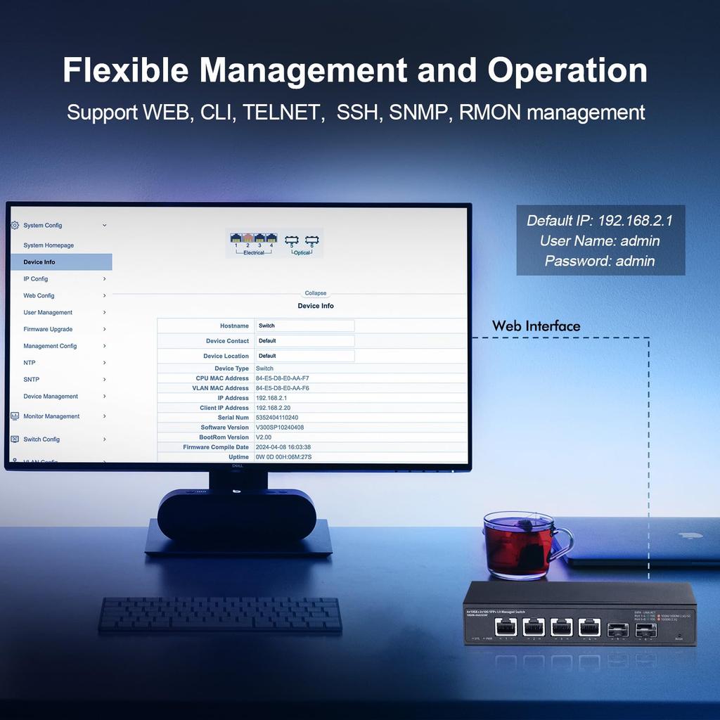 Binardat 10 Gigabit Managed 4x10G RJ45 Supports 2x10G 120Gbps L3 Web Metal Small Network Switch 6-port Switch, Ethernet, 1G/2.5G/5G/10G, SFP+,