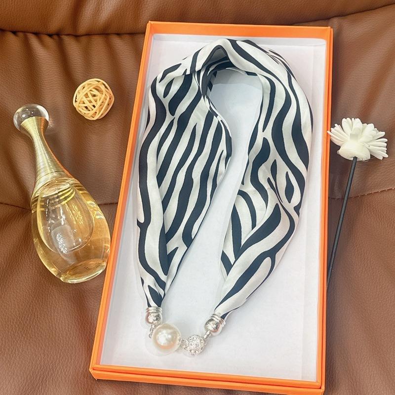 Silk Scarf Women's Spring, Autumn and Summer New Fashion Neck Protection Decoration Long Necklace Type Magnetic Buckle Scarf Small Scarf