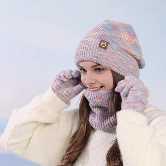 3Pcs/Set Winter Hat Scarf Gloves Set Thickened Velvet Lining Colorful Elastic Fit Knitting Hat Neck Warmer Gloves Set