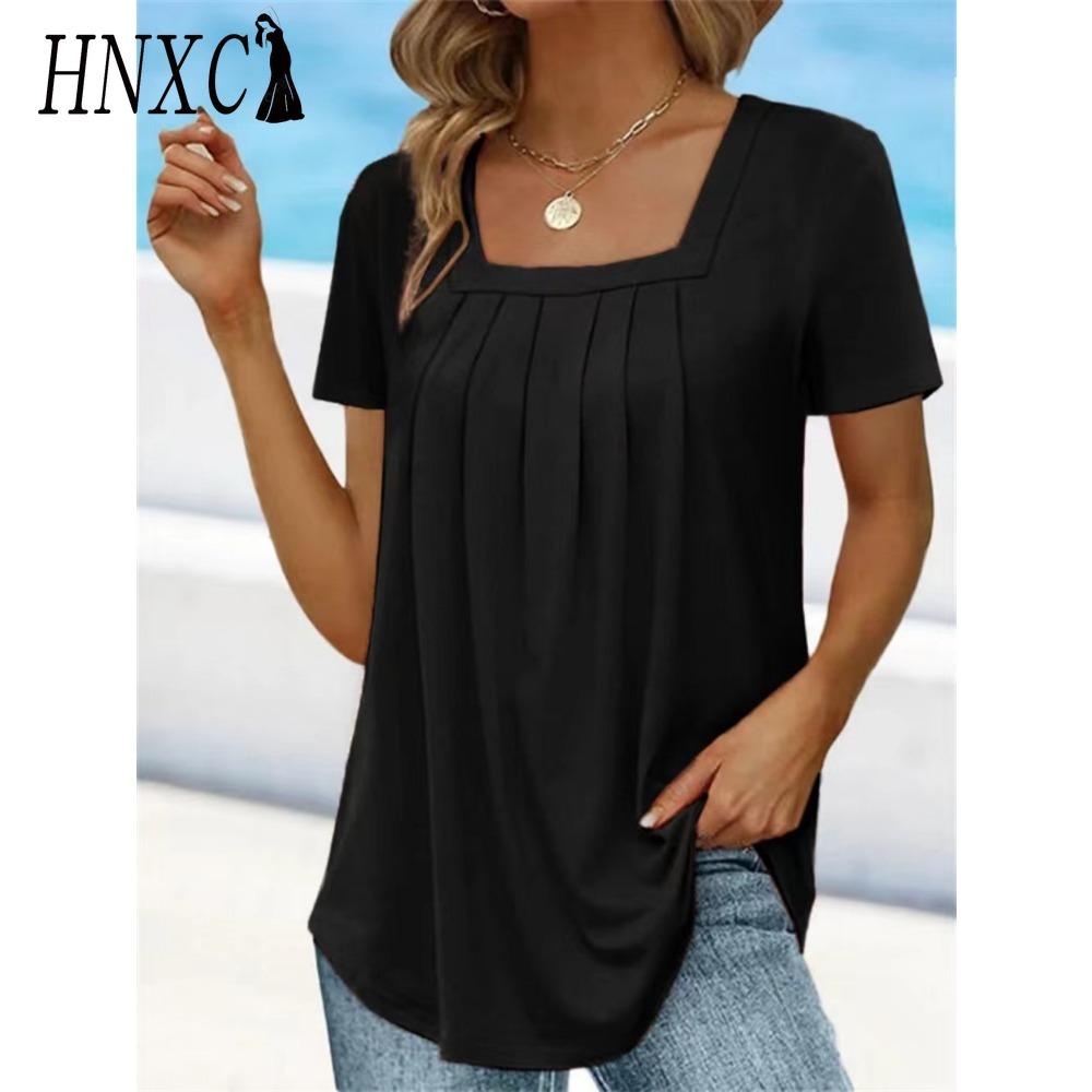 HNXC Женские модные повседневные однотонные блузки и рубашки с короткими рукавами и принтом