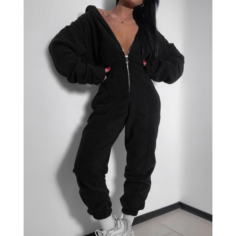 Womens Fleece Hooded Jumpsuit With Zipper Long Sleeve Streetwear Outfit Comfortable Casual Wear