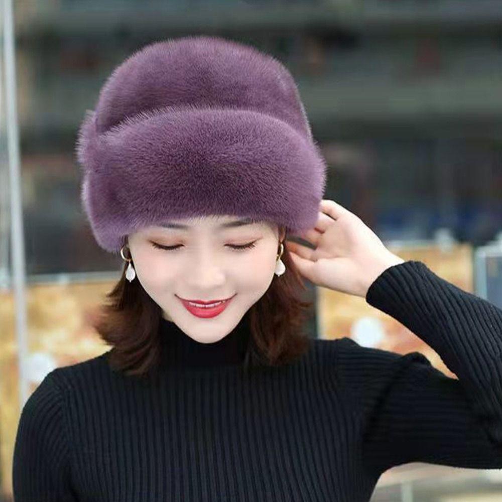 Faux Rabbit Fur Winter Hat Flower Decor Thermal Hat Solid Color Windproof Caps  Cycling Skiing