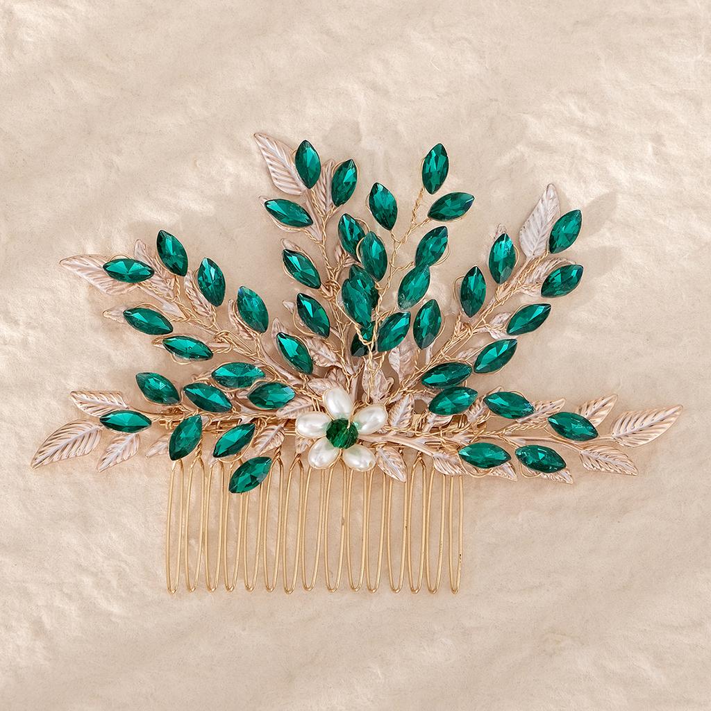 Ретро Сплав Стразы Заглушка Гребень Ручной Работы Лист Зеленый Кристалл Головной Убор Антикварные Украшения Ханфу Свадебный Гребень для Волос