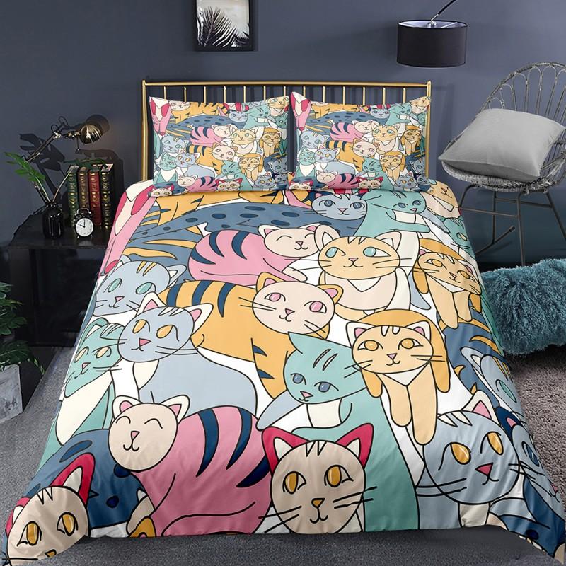 Кошка Цветы Король Королева Пододеяльник Мультяшный Китти Цветочный Постельный Комплект Для Детей Милые Животные Черный 2/3шт Полиэстер Чехол для Одеяла