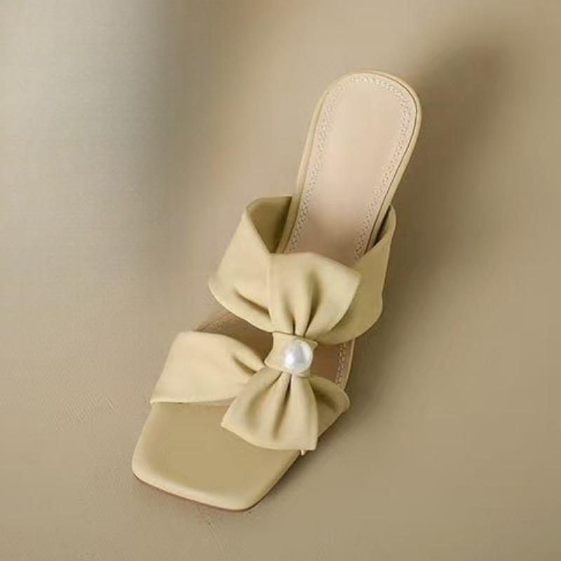 Fashion Square Toe Women Slippers Bow Heeled Sandals Loafers Shoes Woman 2025 Fashion Summer Shallow Dress Comfort Soft Leather Slides