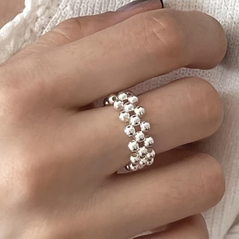 Huitan Beaded Chain Ring for Women Minimalist Multi-row Round Ball Wide Band Stackable Finger Ring Daily Party Trendy Jewelry