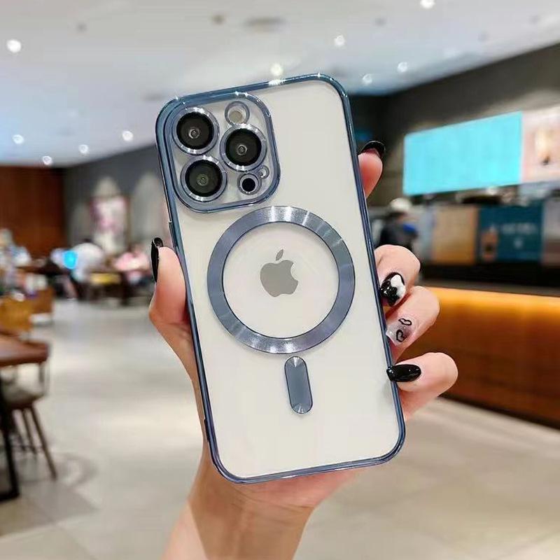 Магнитный гальванизированный ТПУ чехол для iPhone 15 Pro с защитной пленкой для объектива