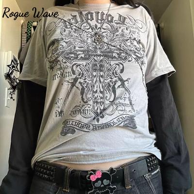 Винтажные пуловеры с графическим принтом RogueWave Топы Хэллоуинская одежда 2000-х Череп Гранж Многослойная футболка с рукавами Эстетика Y2K Эмо Молл Готическая футболка