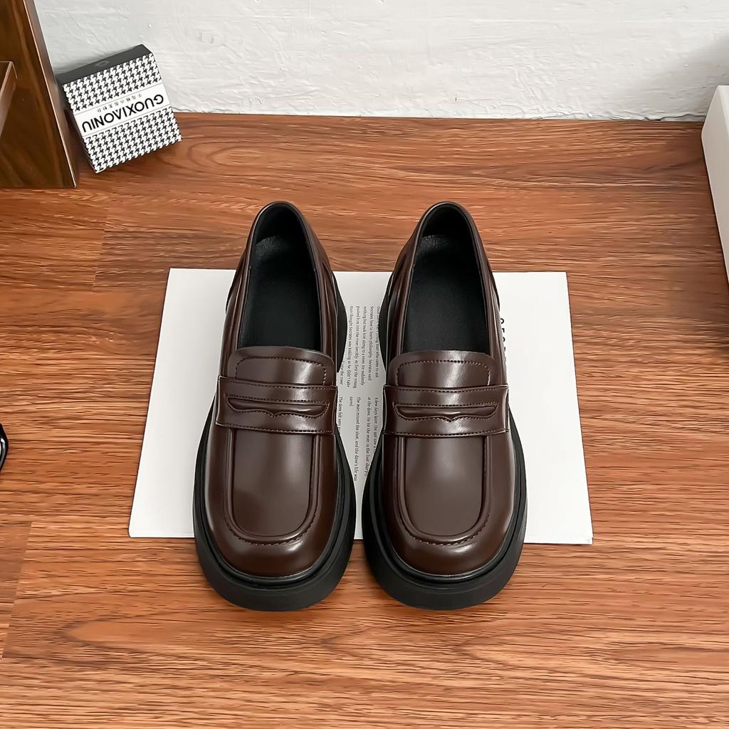 Grape Mother Retro Small Leather Shoes Women Thick Heels Are Not Tired Feet Platform Loafers Women Small Inner Height Increase Leather Shoes Women