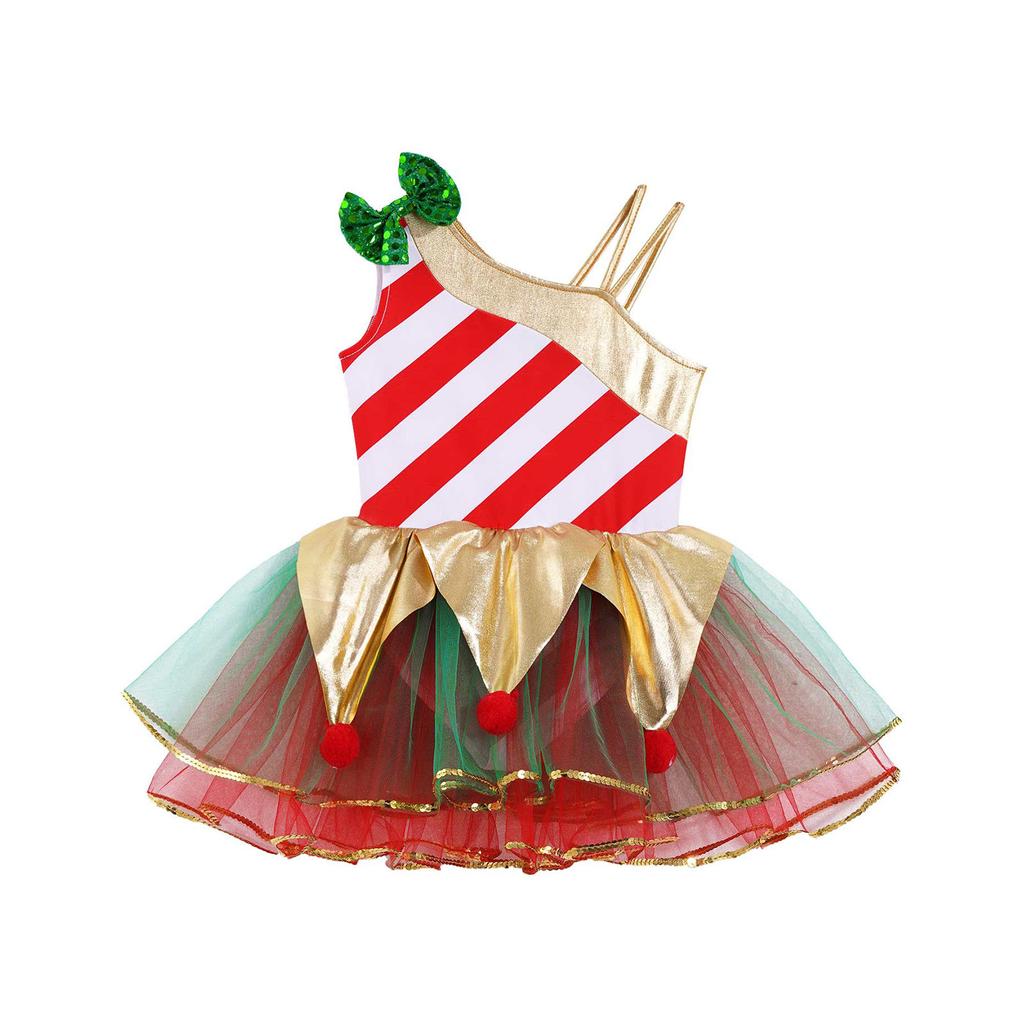 Kids Girls Carnival Cosplay Costume Asymmetrical Shoulder Sleeveless Stripes Print Dress with Headband