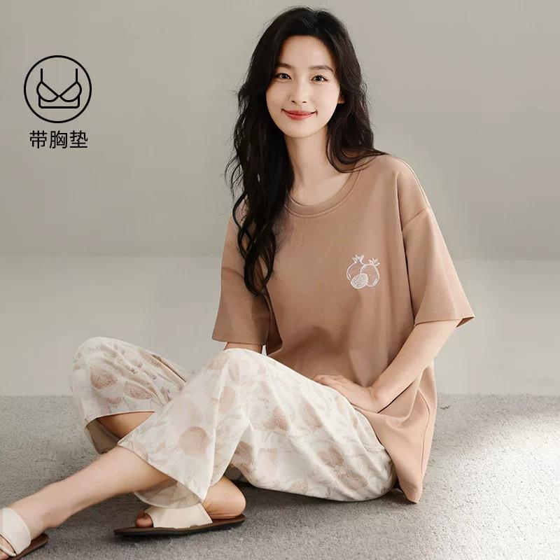 Pajamas with chest pads women's 1011 new summer Modal cotton short-sleeved cropped pants can be worn outside loungewear in summer