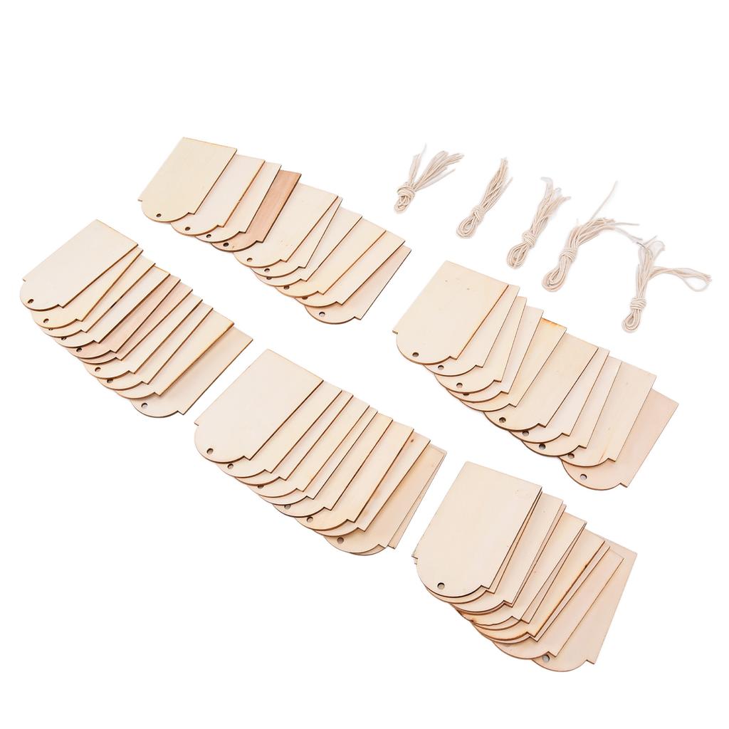 50pcs Wood Pieces DIY Natural Rustic Unfinished Wood with Hemp Rope for Handicraft Bookmarks Gift Labels Decoration