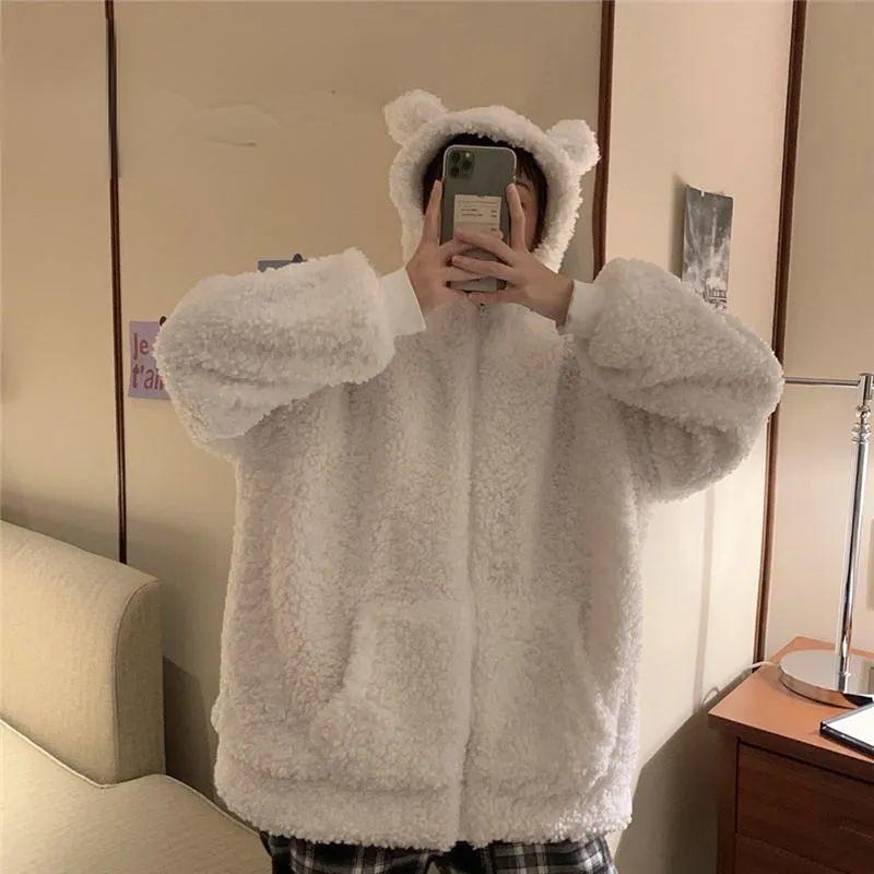 Harajuku Kawaii Zipper Hoodie Women Sweatshirt Japanese Frog Thick Oversized Lambs Wool Coats Trend Warm Winter Clothes