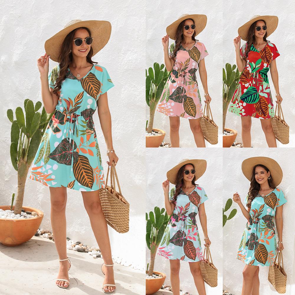 Summer Floral Printing Drawstring Dress V-neck Short Sleeve Vacation Casual Loose Fitting Short Dress