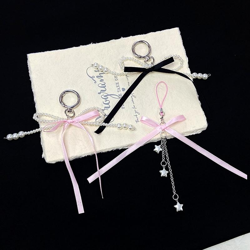 Брелок с жемчужными бусинами, милый, крутой бант, лента, телефон, кулон, чехол для наушников, подвески, сумка, декор, автомобильный брелок