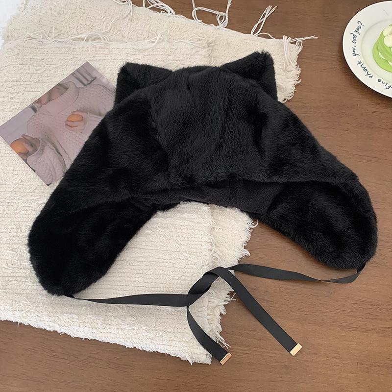 Милая плюшевая шапка с кошачьими ушками женская осенне-зимняя белая утолщенная теплая с защитой ушей шапка-ушанка модная