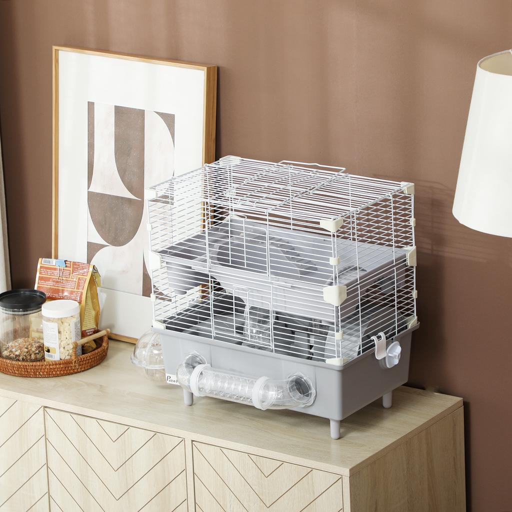 2-Tier, 3-Door Hamster Cage with Wheel and Tubes, Steel, PS and PP, 44.5x28x44 cm, Grey and White