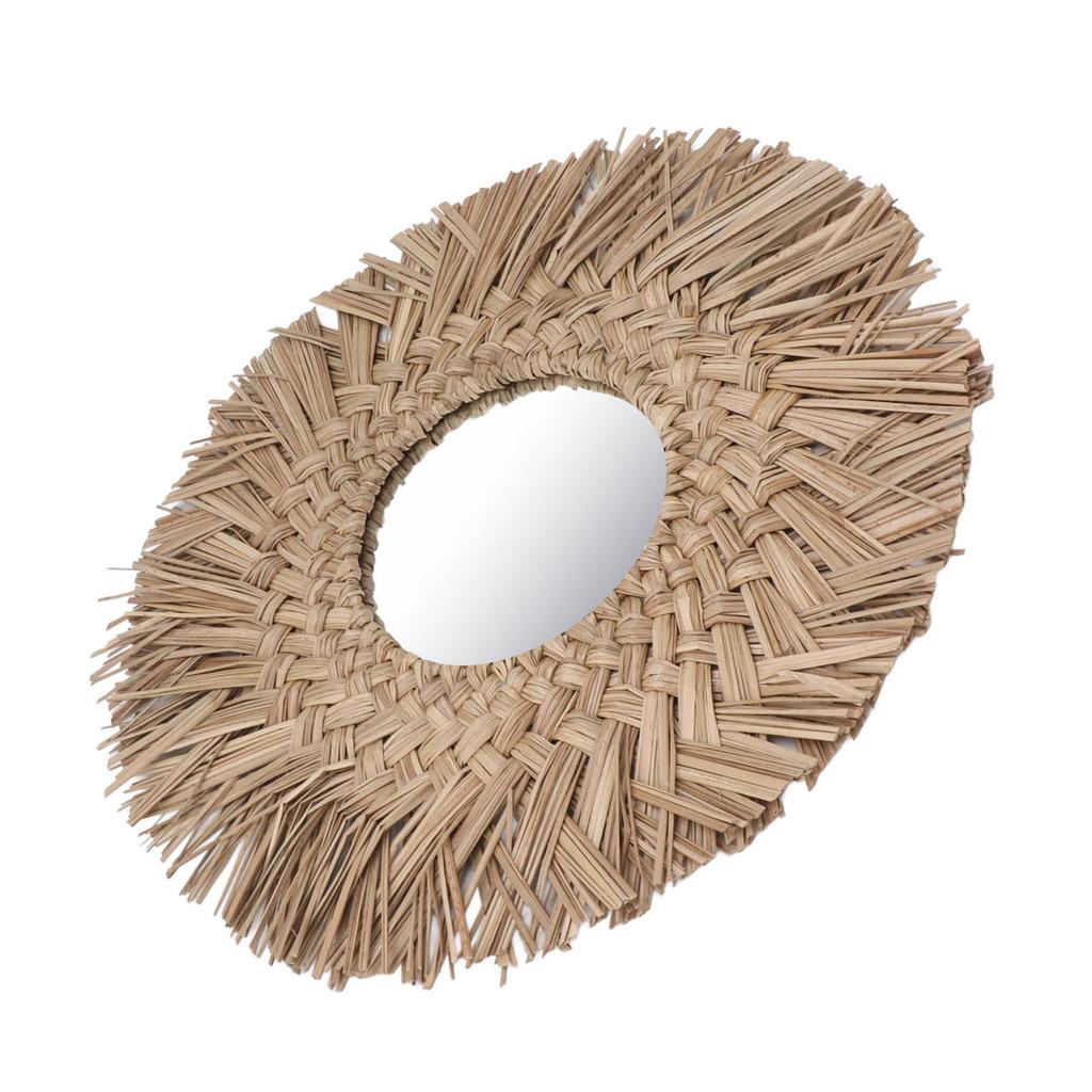 Straw Weaving Wall Mirror Retro Beautiful Woven Wall Hanging Mirror for Dorm Room Decoration Nature