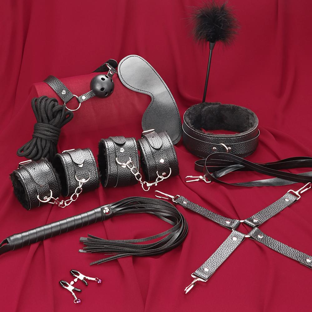 Секс-игрушки BDSM Наборы для бондажа Набор для фиксации из натуральной кожи Наручники Ошейник Кляп Вибраторы Секс-игрушки для женщин Пар Мужские игры