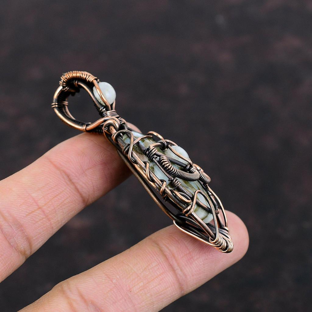Evil Eye Copper Larimar Pendant Copper Wire Wrapped Gemstone Pendant Handmade Evil Eye Jewelry Dainty Rainbow Moonstone Pendant Gift For Him