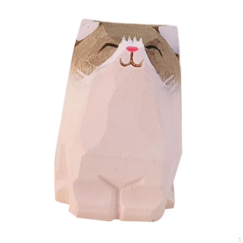 Cat En Wood Figurine Carved Animal Art Sculpture