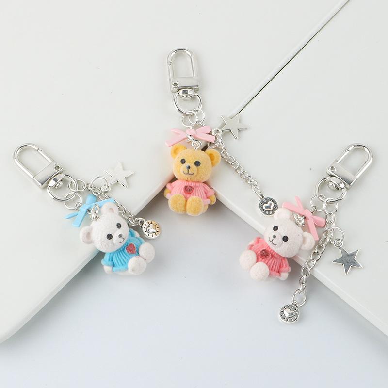 Lovely Flocking Bear Animal Keychain Pendant Mobile Phone Chains Fluffy Cute Bow Star Bag Hanging Ornaments Accessories Gifts