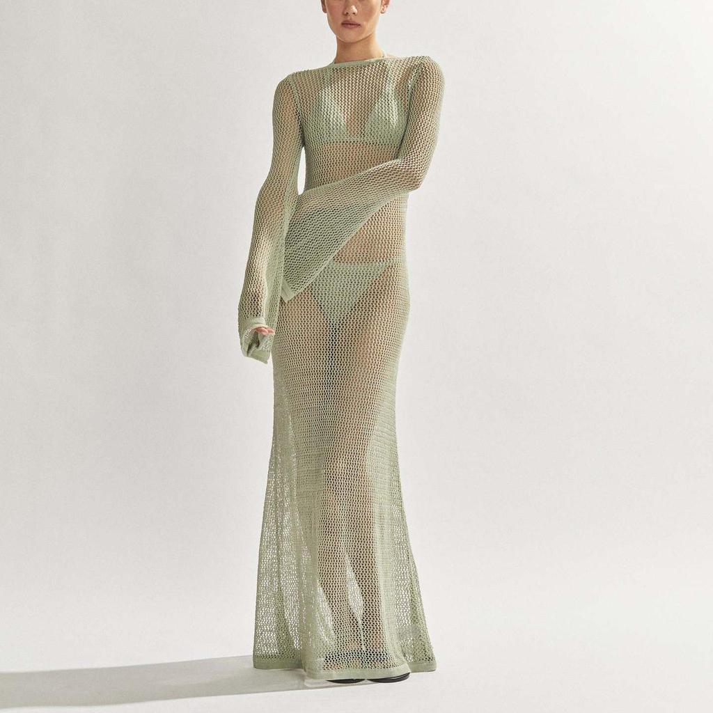 Women Long Sleeve Crochet Knit Sexy Backless Cut Out Elegant Summer Beach Holiday Maxi Dress