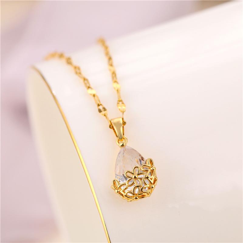 Elegant Water Drop Pendant Necklace 18K Gold Titanium Steel Water Drop Crystal Zircon Necklace for Women