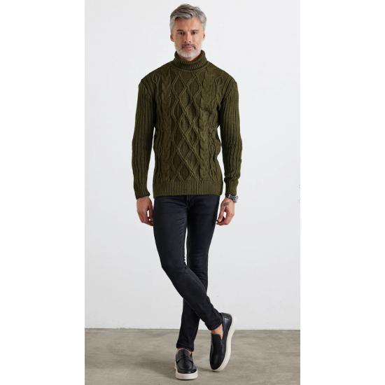 Men's Hair Knitted Diamond Patterned Full Turtleneck Ribbed Thick Knitwear Sweater